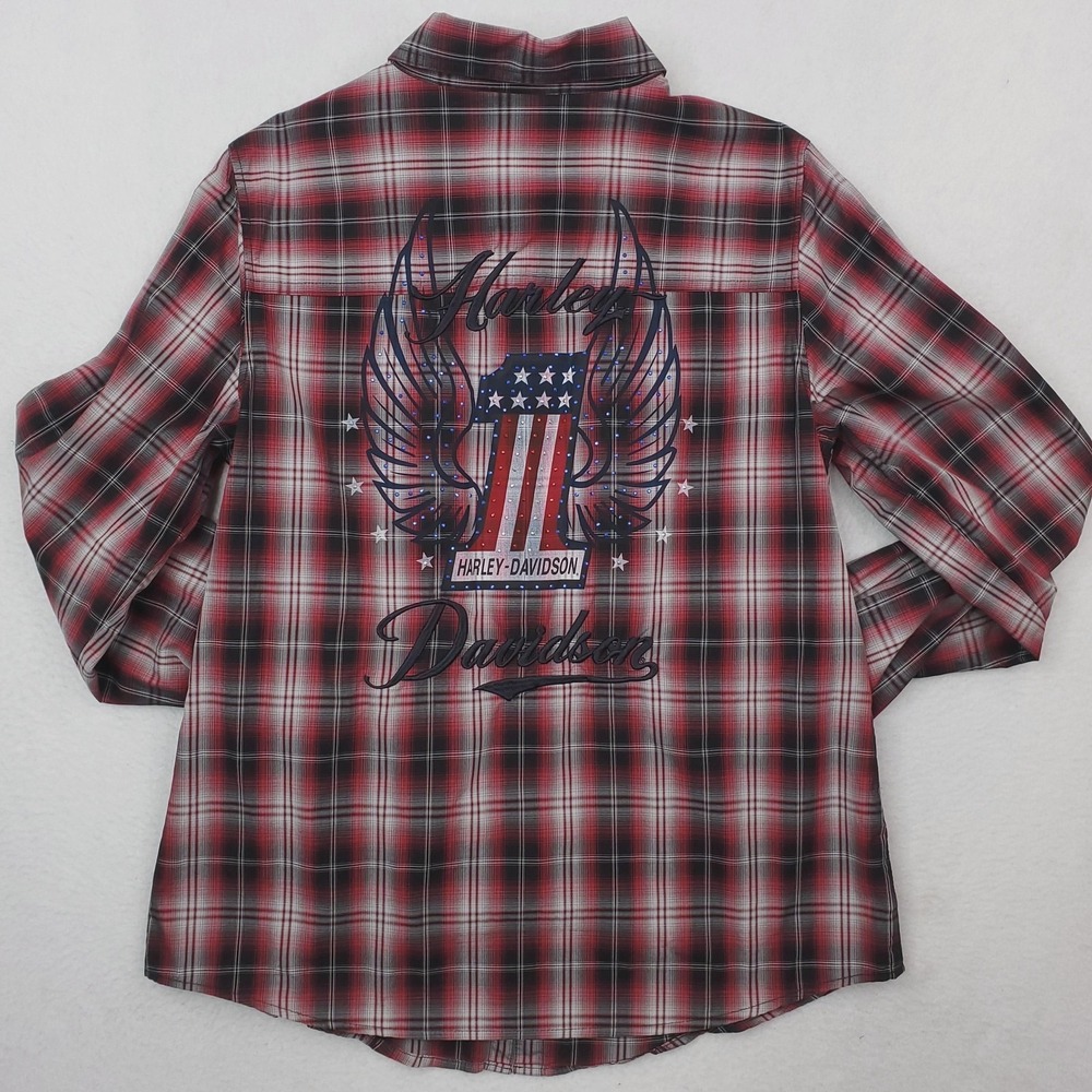 Harley-Davidson Shirt Womens Large Red Plaid Pearl Snap Patriotic Wings USA Flag